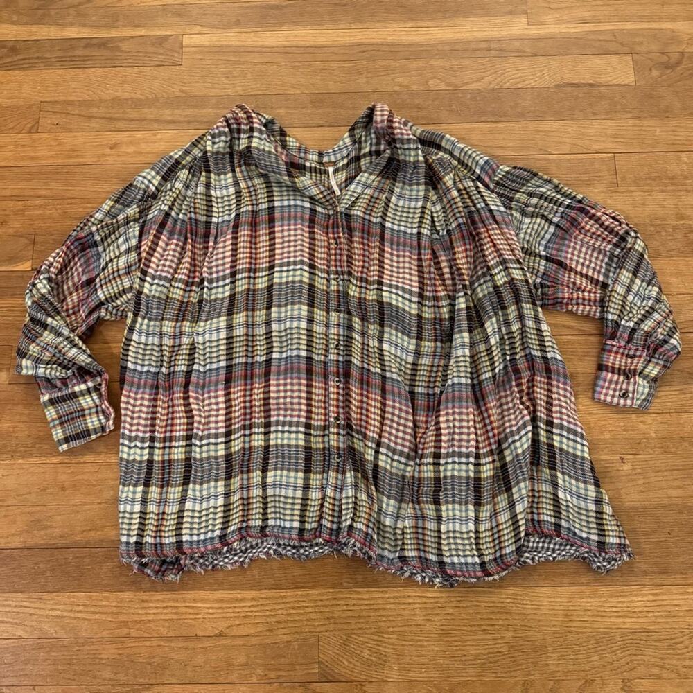 Free People yellow brown red pleated oversized button-down shirt medium M
b53